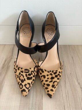 Vince Camuto Leopard-Print Pointed Pumps with Black Ankle Strap